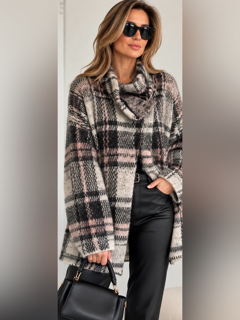Oui Luxury Edition Mohair Blend Plaid Cardigan with Pin Size 6